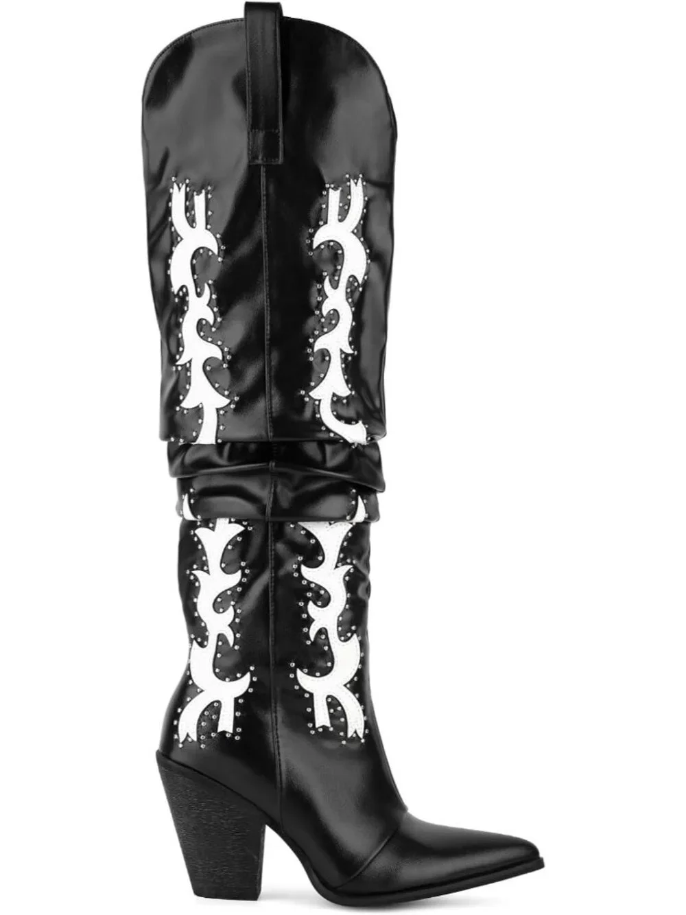 Women's Black Pointed Toe Platform Studded Slouch Cowgirl Over The Knee Boots
